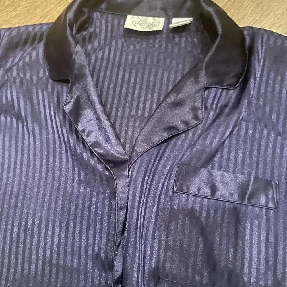 SATIN BLUE JACQUARD SEMI SHEER OVERSIZED BUTTON UP COLLARED SLEEP SHIRT SIZE S - Picture 7 of 16